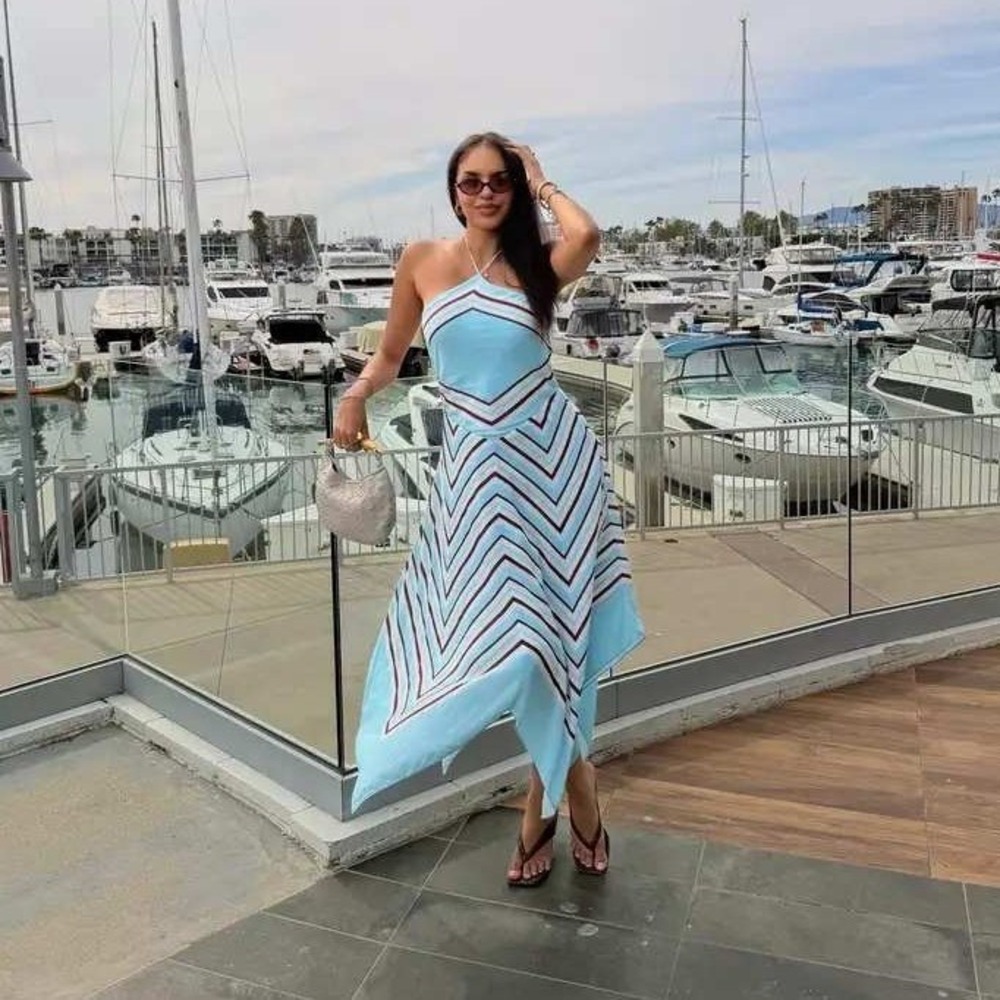 SIMKHAI Hera Halter Midi Dress Blue Chevron Striped Silk Blend Handkerchief Sz M - Picture 4 of 16